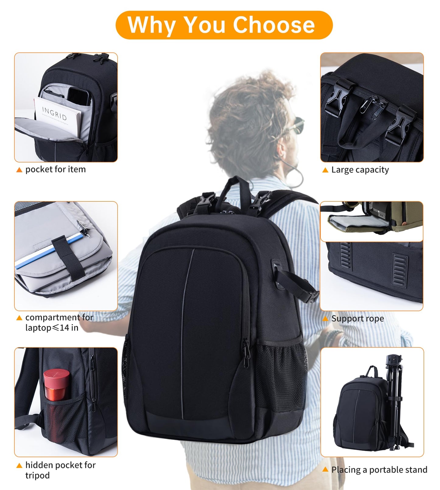 Camera Backpack Professional Camera Bag Waterproof Canvas Photography Backpack with Front Hard Shell&Laptop Compartment&Tripod Holder&Rain Cover Compatible with Canon/Nikon/Sony