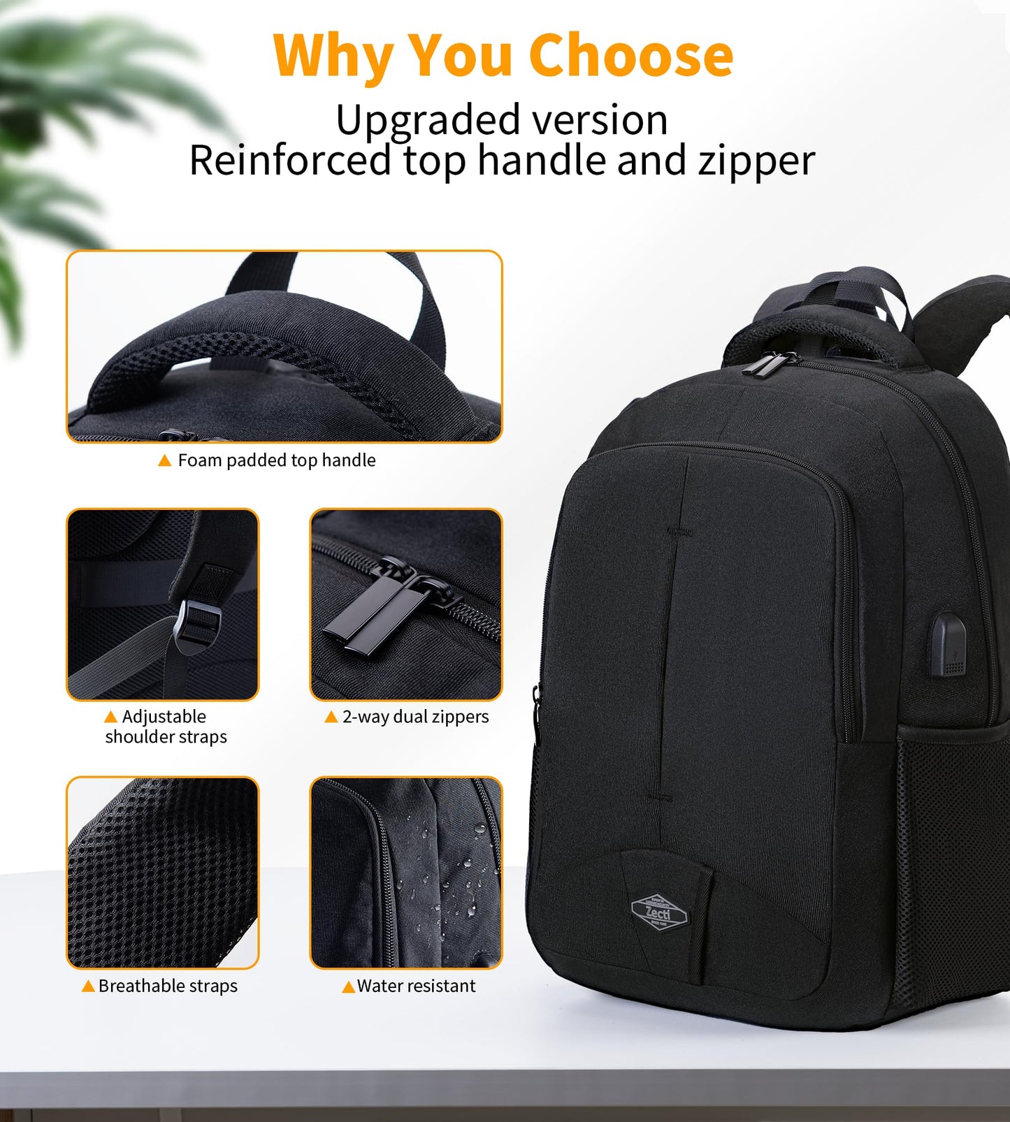 Travel Laptop Backpack for Men Women Durable Carry on Backpack for Work, Travel, College Bookbag or Laptop Bookbag with USB Charging Hole, Water Resistant, Large Capacity