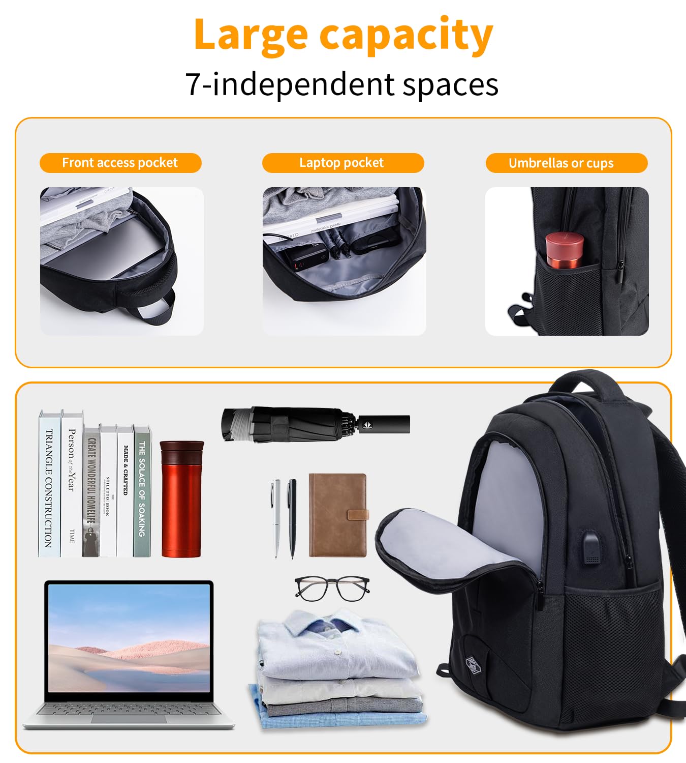 Travel Laptop Backpack for Men Women Durable Carry on Backpack for Work, Travel, College Bookbag or Laptop Bookbag with USB Charging Hole, Water Resistant, Large Capacity