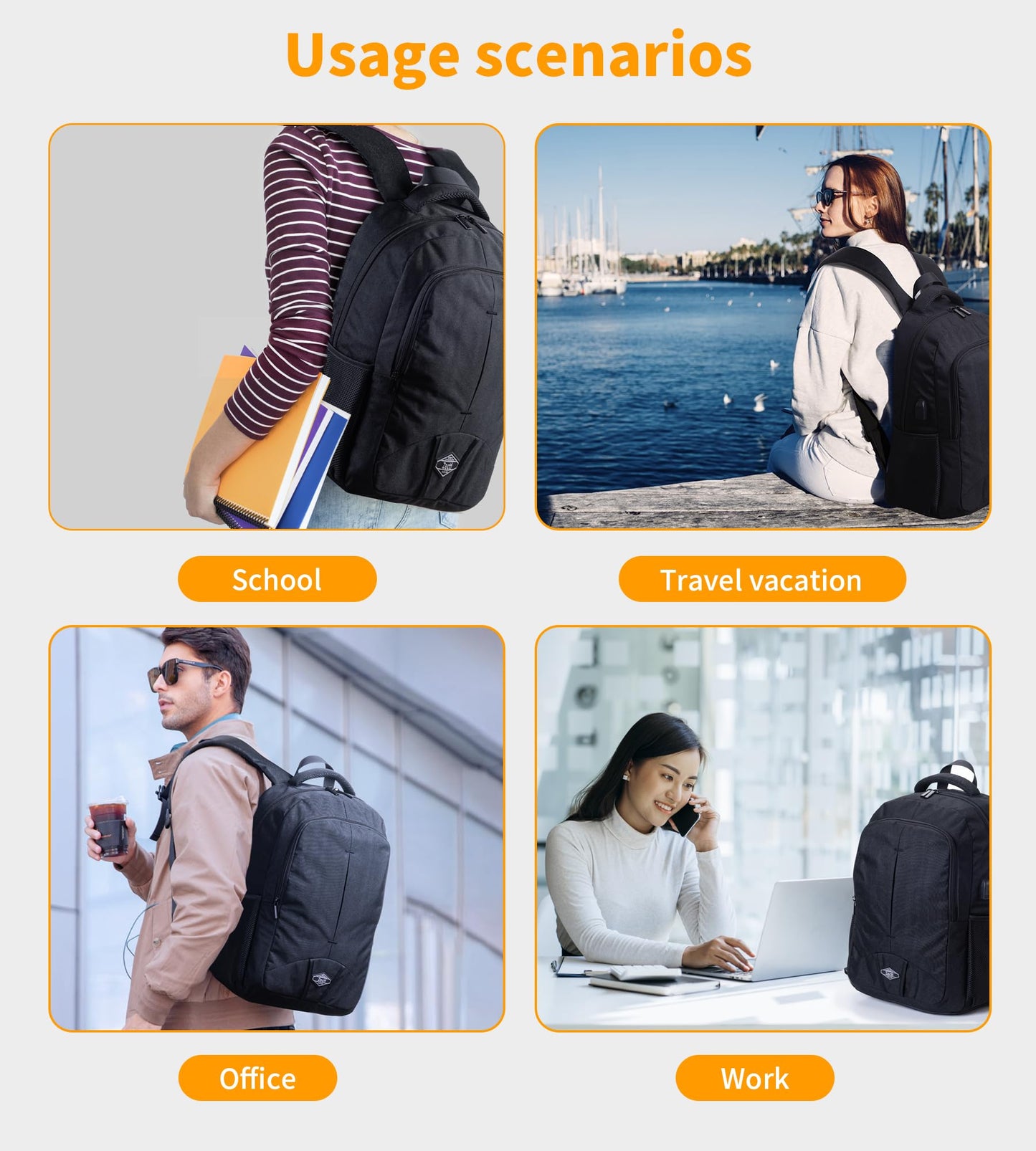 Travel Laptop Backpack for Men Women Durable Carry on Backpack for Work, Travel, College Bookbag or Laptop Bookbag with USB Charging Hole, Water Resistant, Large Capacity