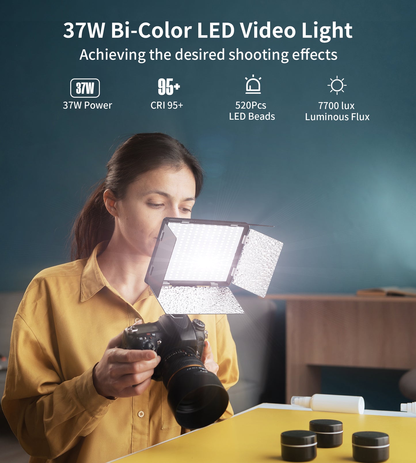 37W Video Light,520 LED Camera Light with Adjustable Sunshade,CRI>95 3200-5600K Portable Photography Lighting Suitable for Outdoor Photography Live Streaming Vlog