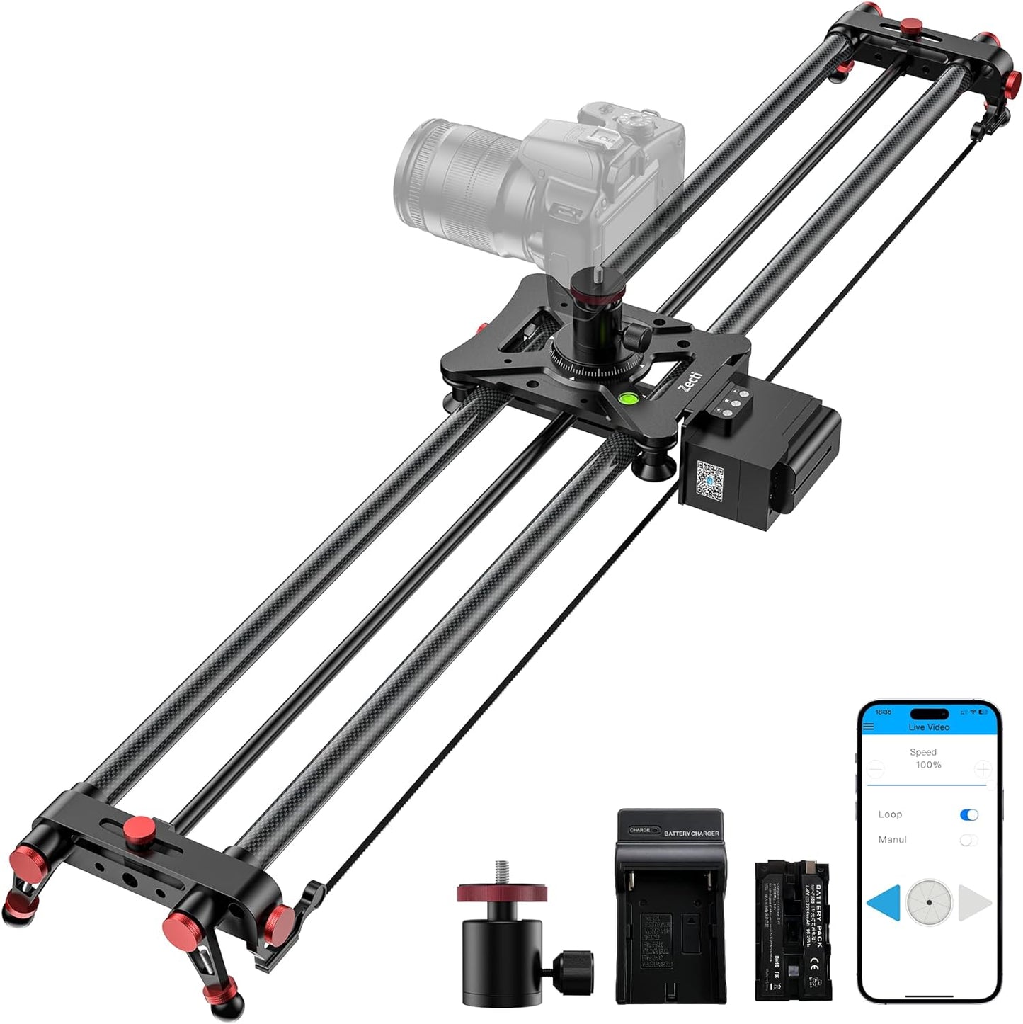 Camera Slider Motorized, Button/APP Dual Control, utomatic Round Trip, Time Lapse, Panoramic Shooting, Video Capture, Slider Smooth and Stable, 120°Panoramic Shooting, Carbon Fiber Tube