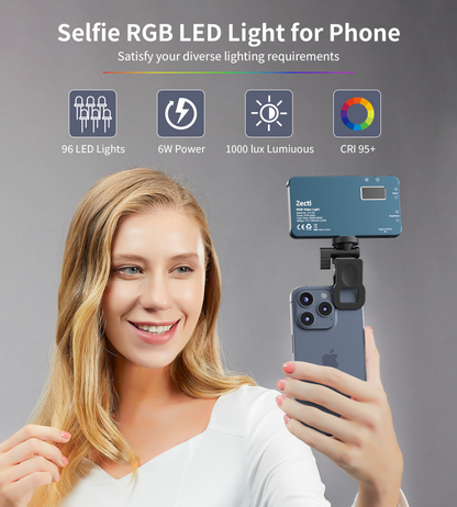 Selfie Light, Phone Light with Metal Hotshoe & Clip, 1500mAh Rechargeable 360° Full Color 21 Scenes RGB Video Light for Phones, iPhone, Laptops, Cameras, Selfie, Video Conference, TikTok