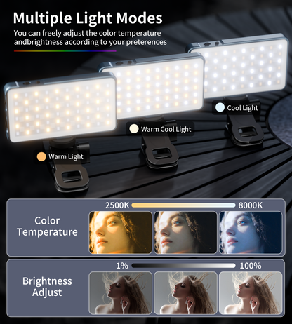 Selfie Light, Phone Light with Metal Hotshoe & Clip, 1500mAh Rechargeable 360° Full Color 21 Scenes RGB Video Light for Phones, iPhone, Laptops, Cameras, Selfie, Video Conference, TikTok