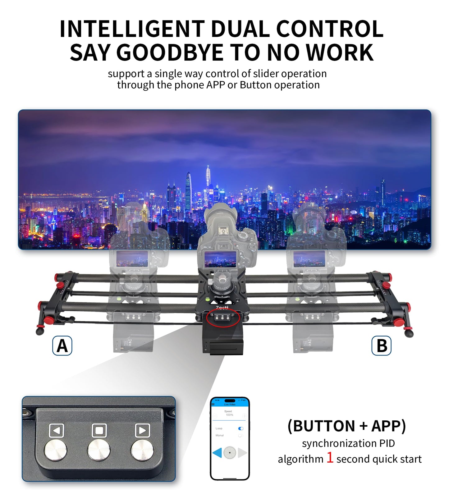 Camera Slider Motorized, Button/APP Dual Control, utomatic Round Trip, Time Lapse, Panoramic Shooting, Video Capture, Slider Smooth and Stable, 120°Panoramic Shooting, Carbon Fiber Tube