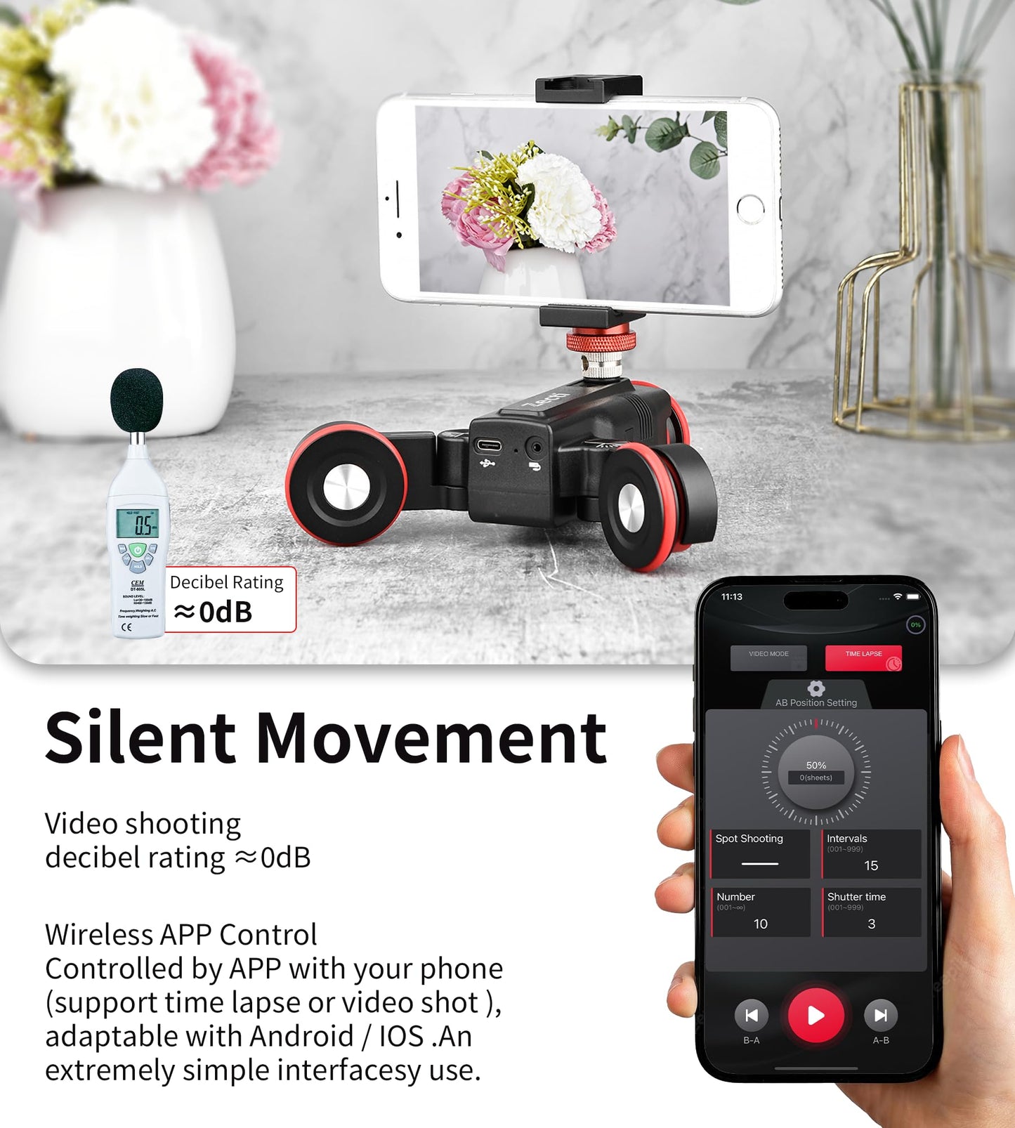 Camera Slider Dolly 【Upgraded Version】 Silent Movement 0-100 Speed Motorized Camera Slider Car with APP Control, Video Mode & Time Lapse Compatible with DSLR Camera, Camcorder, Gopro and Phone