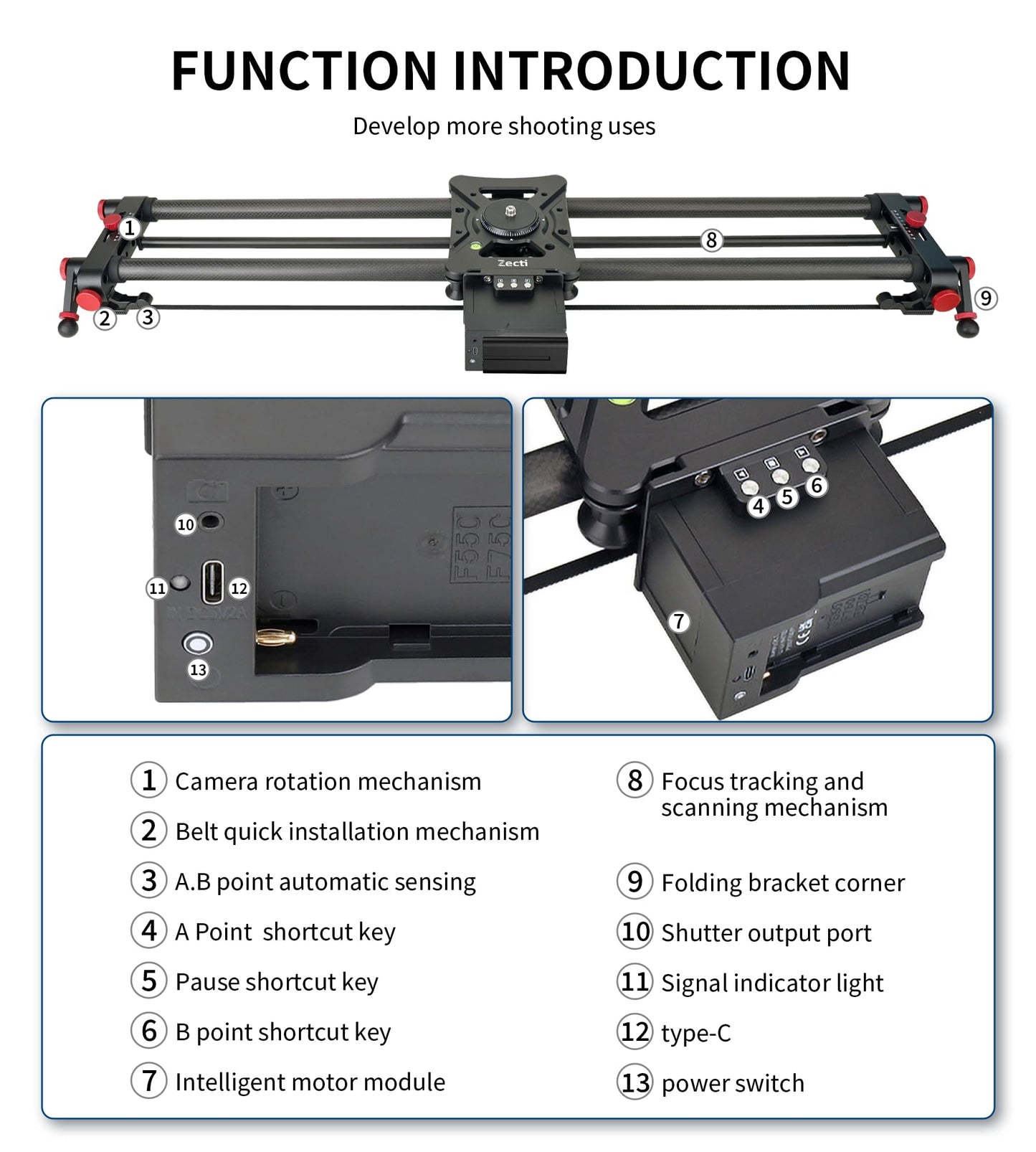 Camera Slider Motorized, Button/APP Dual Control, utomatic Round Trip, Time Lapse, Panoramic Shooting, Video Capture, Slider Smooth and Stable, 120°Panoramic Shooting, Carbon Fiber Tube