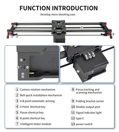 Camera Slider Motorized, Button/APP Dual Control, utomatic Round Trip, Time Lapse, Panoramic Shooting, Video Capture, Slider Smooth and Stable, 120°Panoramic Shooting, Carbon Fiber Tube
