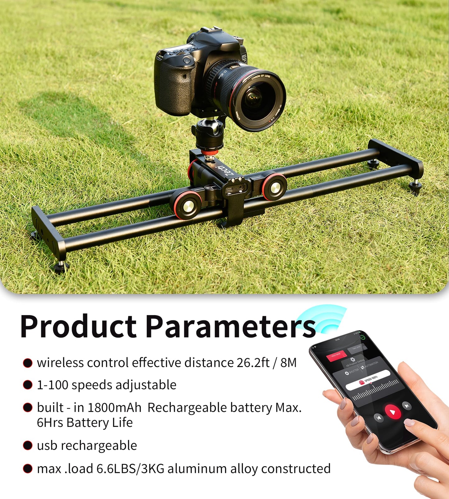 Camera Slider Dolly 【Upgraded Version】 Silent Movement 0-100 Speed Motorized Camera Slider Car with APP Control, Video Mode & Time Lapse Compatible with DSLR Camera, Camcorder, Gopro and Phone