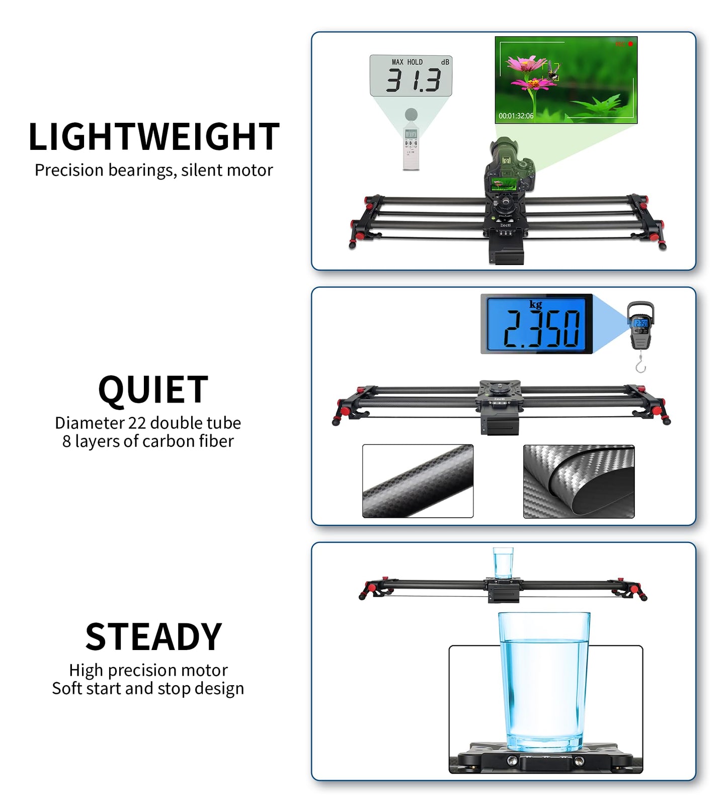 Camera Slider Motorized, Button/APP Dual Control, utomatic Round Trip, Time Lapse, Panoramic Shooting, Video Capture, Slider Smooth and Stable, 120°Panoramic Shooting, Carbon Fiber Tube