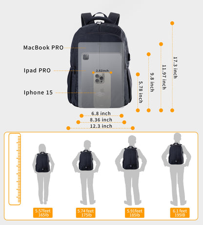Travel Laptop Backpack for Men Women Durable Carry on Backpack for Work, Travel, College Bookbag or Laptop Bookbag with USB Charging Hole, Water Resistant, Large Capacity